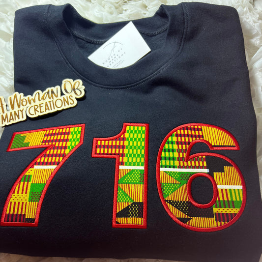 Embroidered 716 Kente Cloth Crewneck